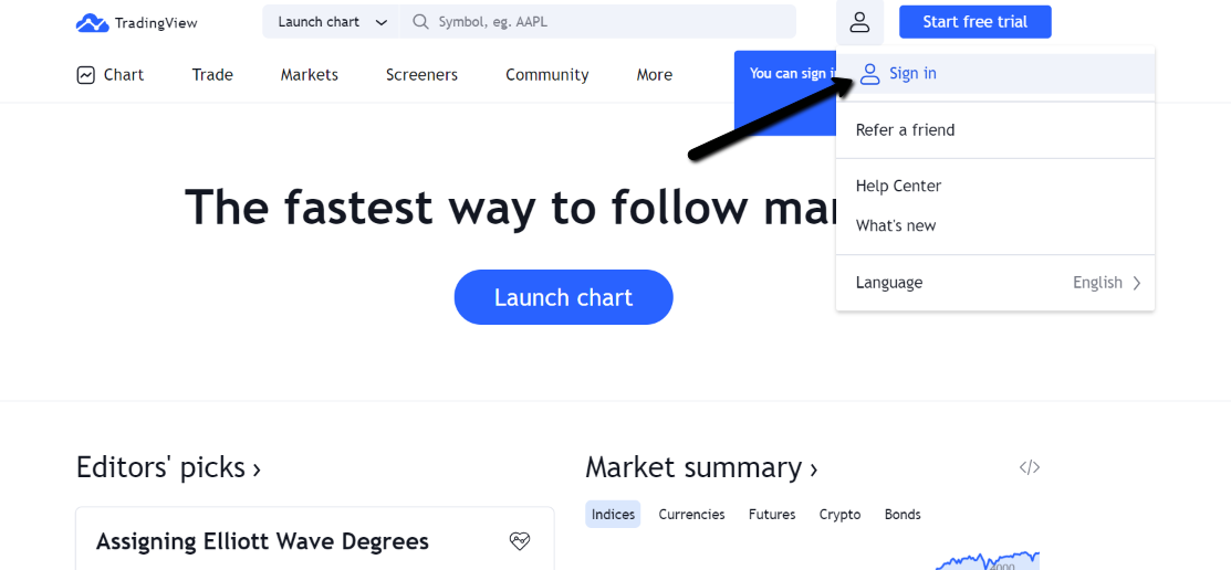 Visit the TradingView homepage. From there, you can create a TradingView account or log in to an existing one.